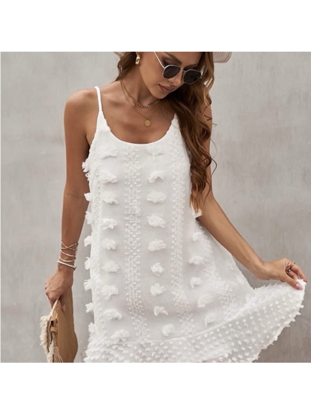 Women's White Textured Pom-Pom Sundress